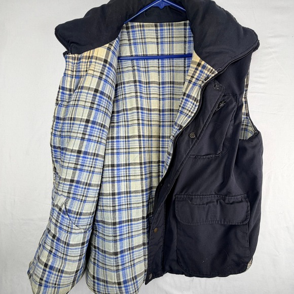 Mens Navy Blue Utility Vest Plaid Flannel Lined Multi Pocket Full Zip Snap Front - Picture 8 of 11